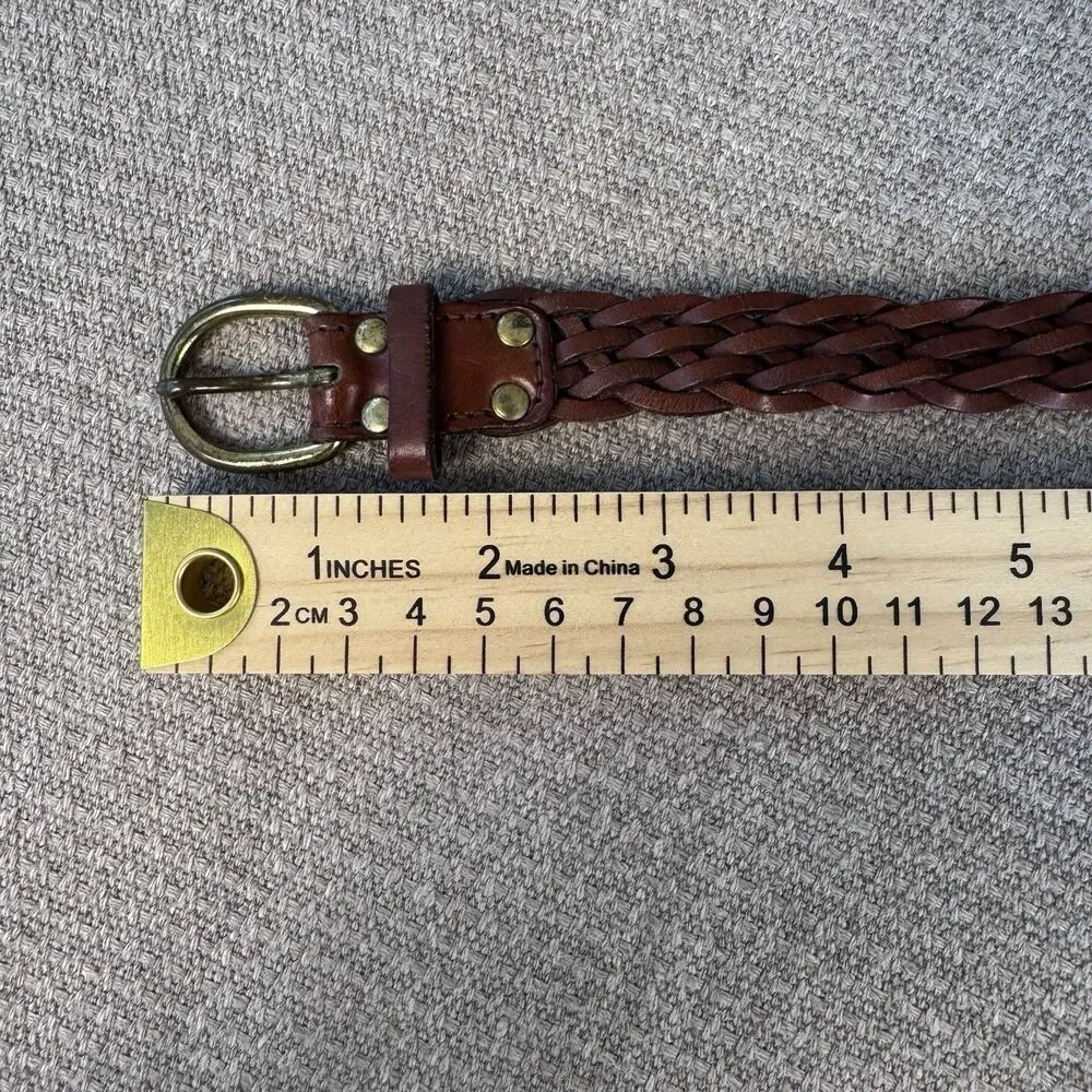 Vintage Classic Brown Leather Woven Belt Brass Buckle Sz S/M Preppy Women’s 549